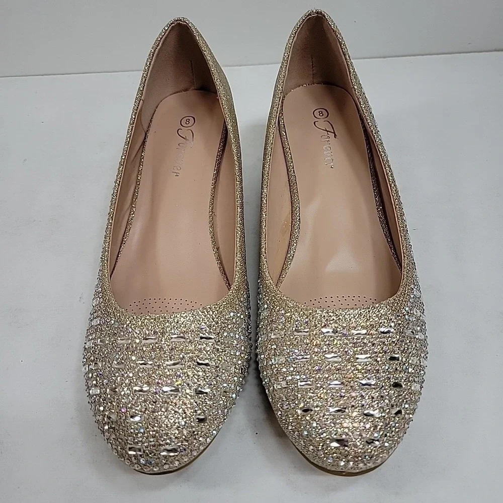 Forever Size 8 Gold Rhinestone Flats Pointed Toe Sparkly Dress Shoes Fairycore